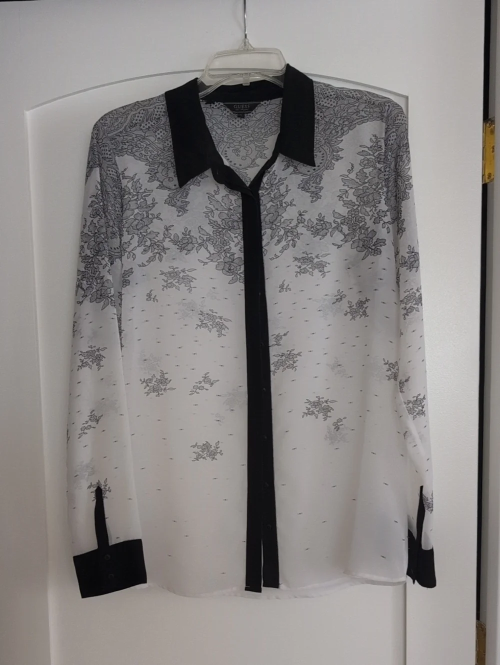 Guess Los Angeles Black & White Floral Sheer Button-Front Blouse